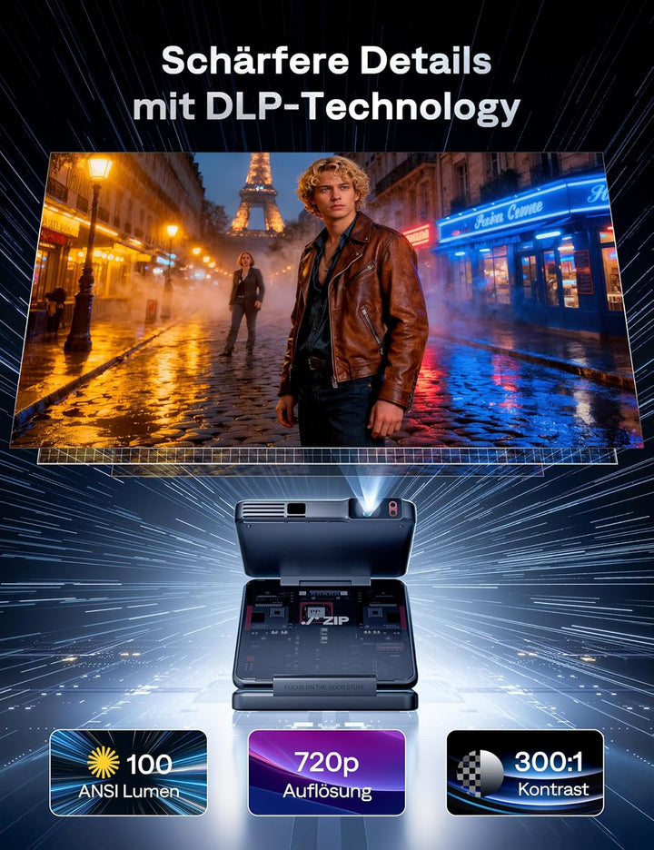 Aurzen Zip Cyber Edition Tri-Fold Mini Beamer mit 5000 mAh Akku, 4K Unterstützt Smart Beamer Klein T