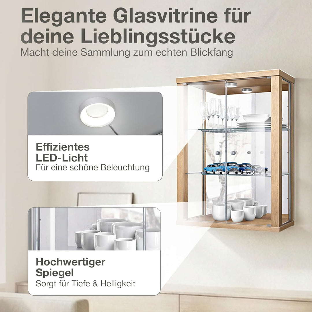 K-Möbel Hängevitrine in Buche (80x60x25 cm) mit 2 höhenverstellbaren Glasböden, Spiegel & LED - Mode