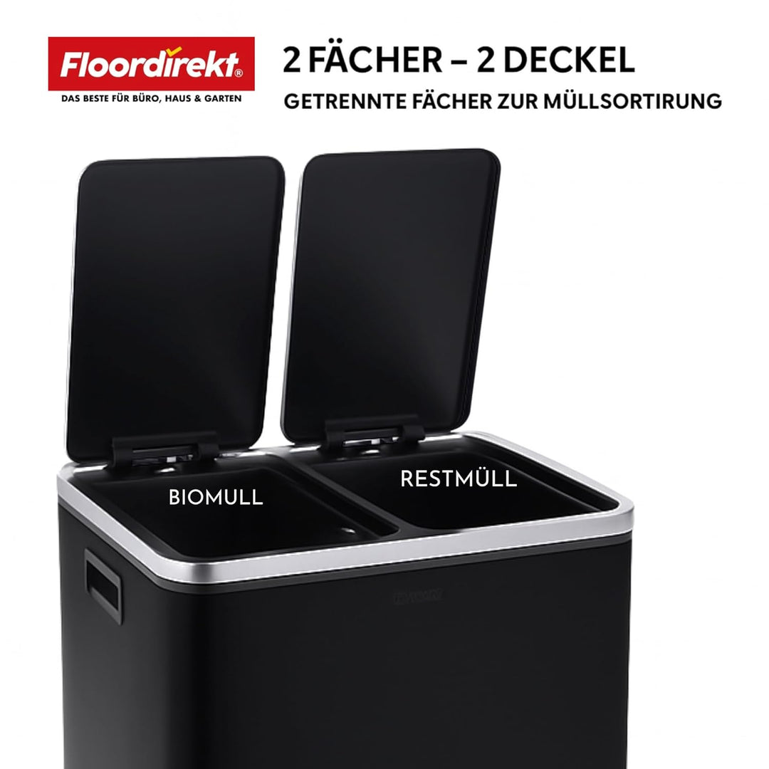 Floordirekt Mülleimer Küche 2×30L Anthrazit | 2-Fach Mülltrennung, Treteimer Küche, Metall, Soft-Clo