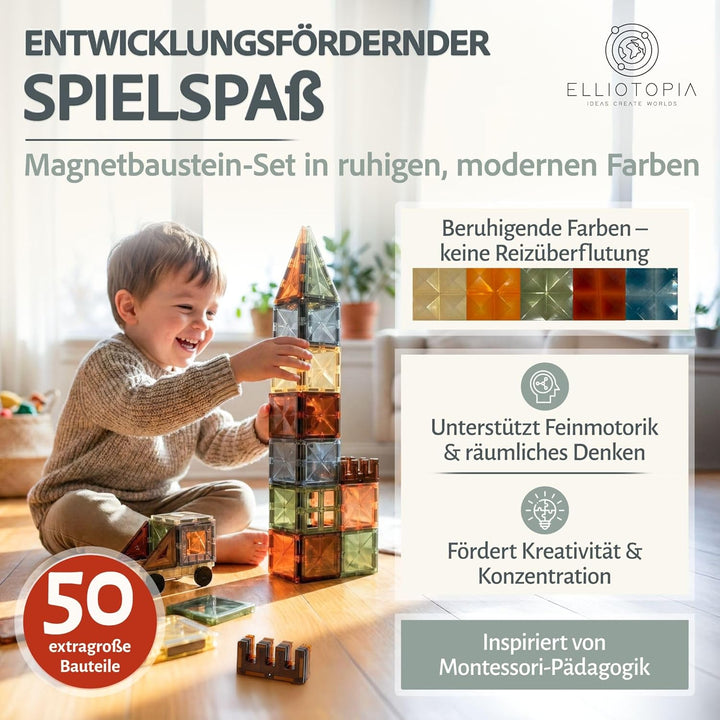 Magnetische Bausteine für Kinder ab 3 Jahren inkl.Auto, 50-teilig -pädagogische Magnetsteine, Montes