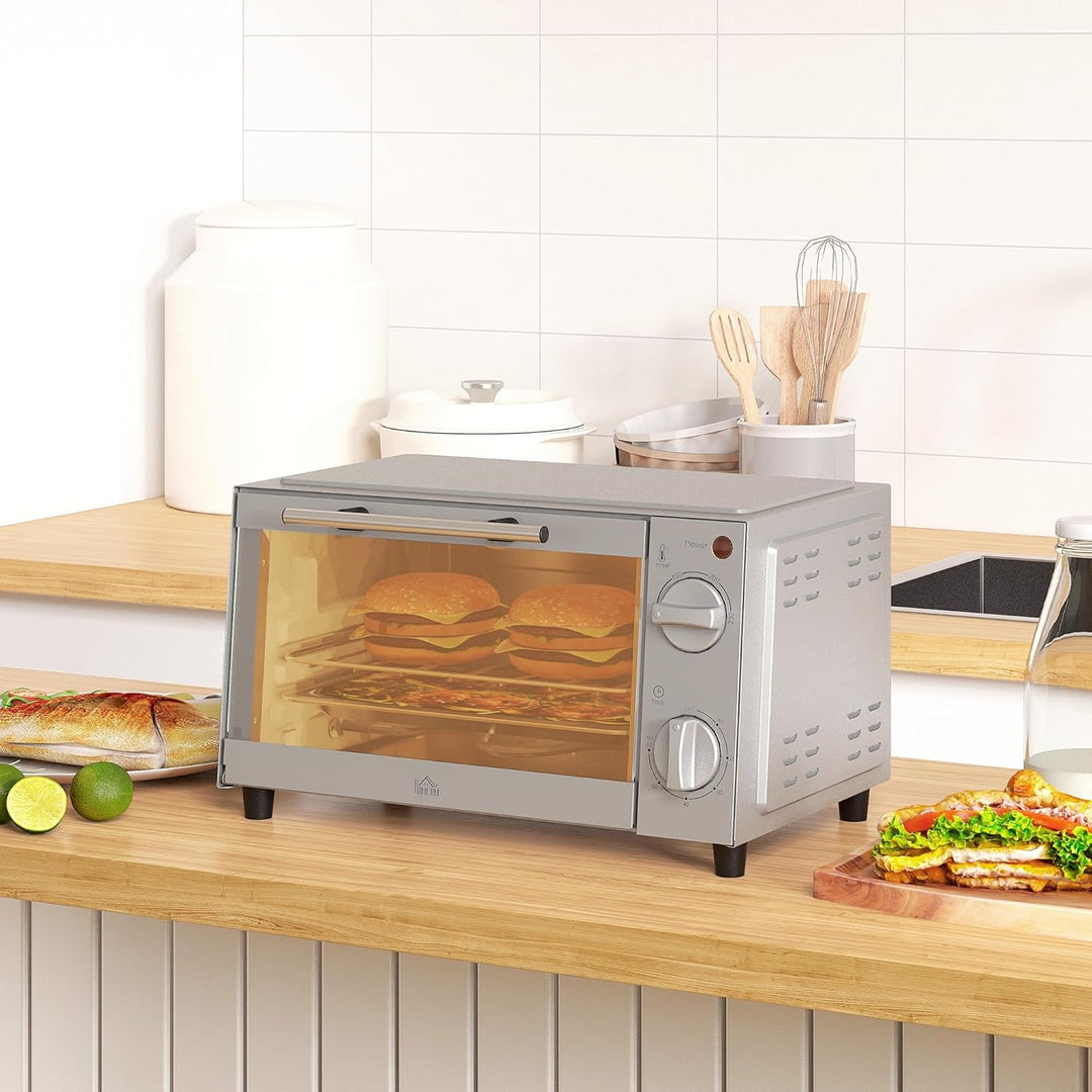 HOMCOM Mini Backofen 9 L 750W 100-230℃ 60 Min. Timer inkl. Backblech, Grillrost, Glas Fenster, Platz