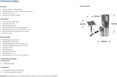 Solar Gartenbrunnen Smart Fountain - extragrosses 5 Watt Solarmodul, Solarpumpe mit Direktbetrieb -