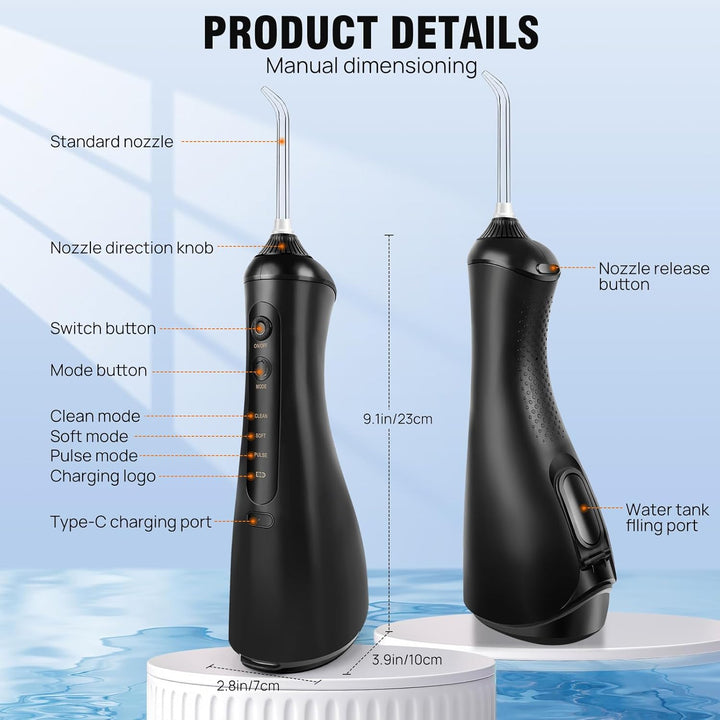 Akku-Munddusche Elektrische Zahnreiniger 320ML, 3 Modi, 6 Jet-Tipps, USB-C Aufladen, 1400mAh Akku, F
