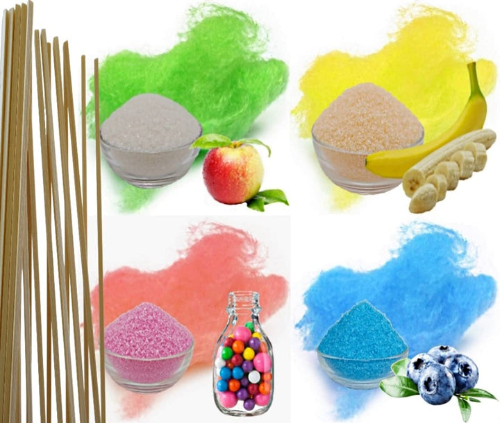 4x100g Aromazucker + 20 Zuckerwattestäbe für bunte Zuckerwatte mit Geschmack | Apfel, Banane, Bubble