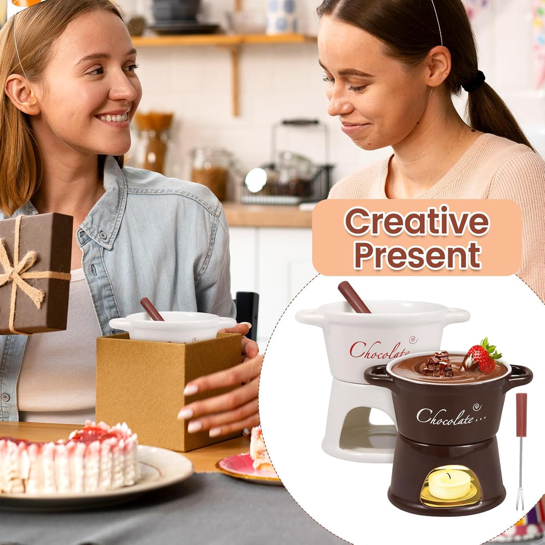 Goshoppers 2 Stück Mini Schokofondue Tasse Käsefondue Set Keramik Schokobecher mit Gabeln Schokolade