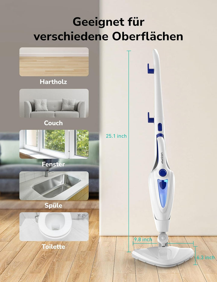 12-in-1 Dampfreiniger Bodenreiniger, 1500W Steam Mop mit Handgerät, 15 Sek. Schnellaufheizung, 30g/m