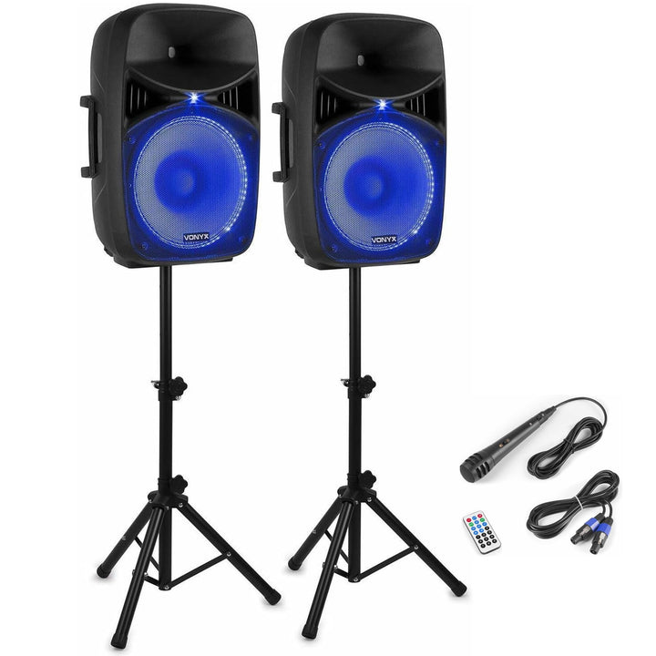 Vonyx VPS152A, PA Lautsprecher Set mit Ständer und Mikrofon, 1000 Watt PA Anlage Komplettset, 15 Zol