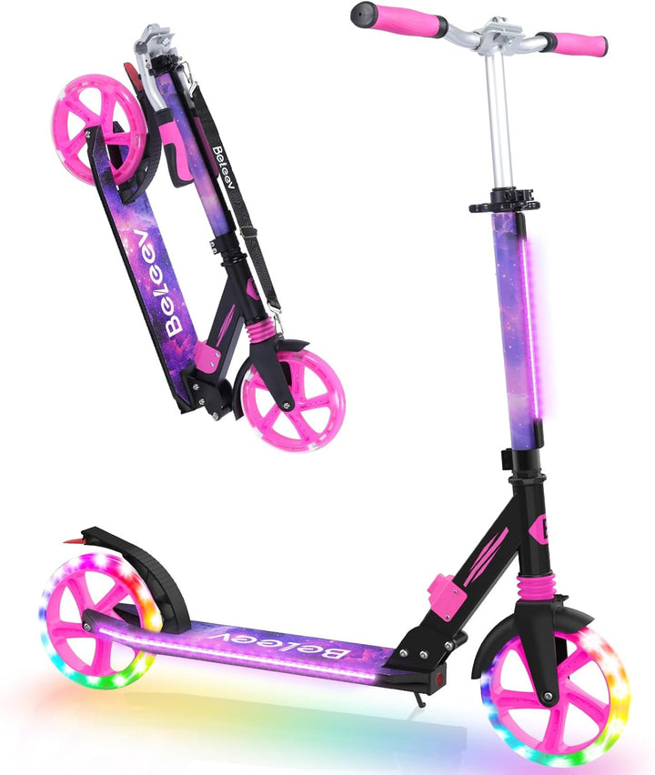 BELEEV V8 Big Wheel Scooter mit LED Leuchtenden Lenksäule &Deck, Höhenverstellbar, ABEC-9, 200mm Räd