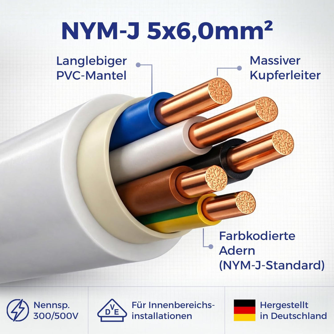 M&amp;G Techno 40m NYM-J 5x6,0 mm² Mantelleitung Feuchtraumkabel Elektrokabel Kupfer Made in Germany, 40