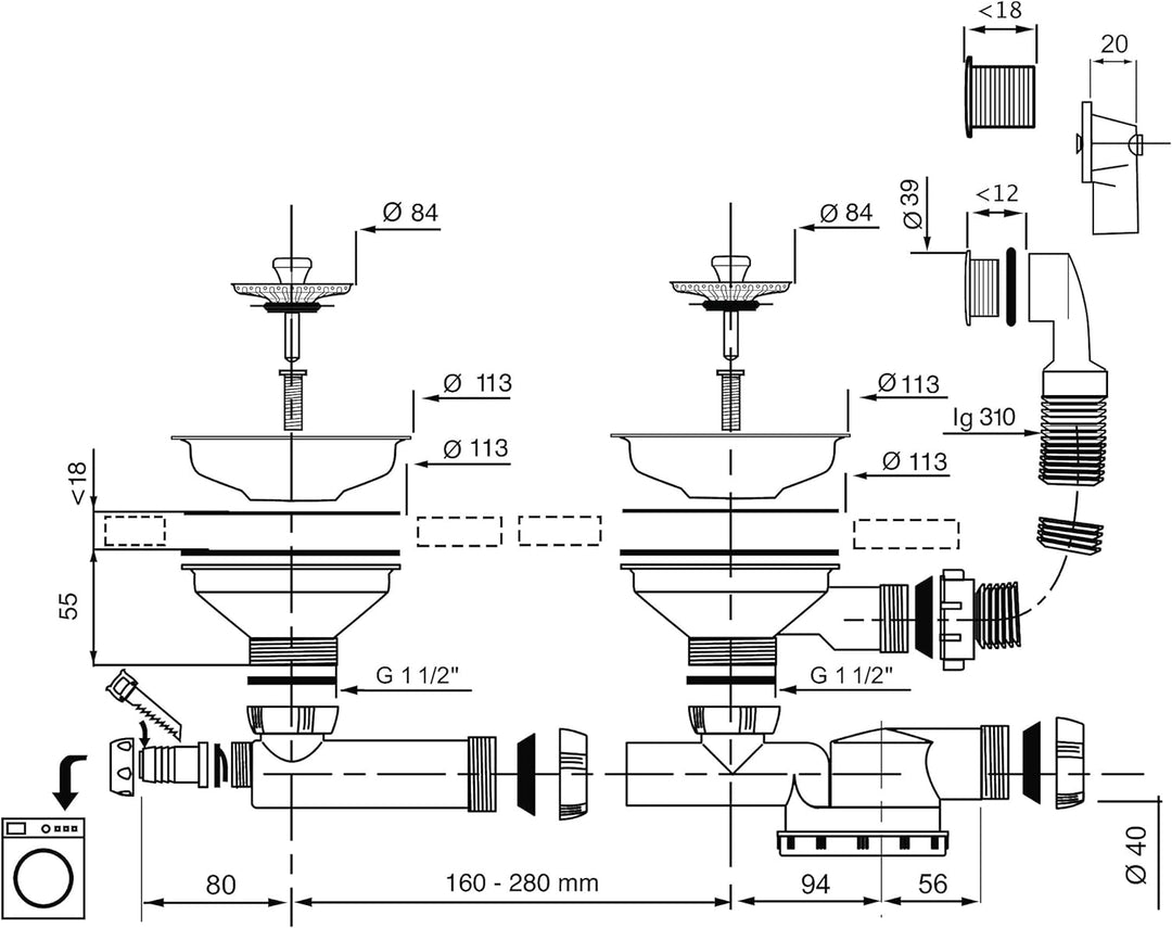Wirquin Espace 30718722 Ablaufgarnitur für Spüle, D90, 2 Abläufe