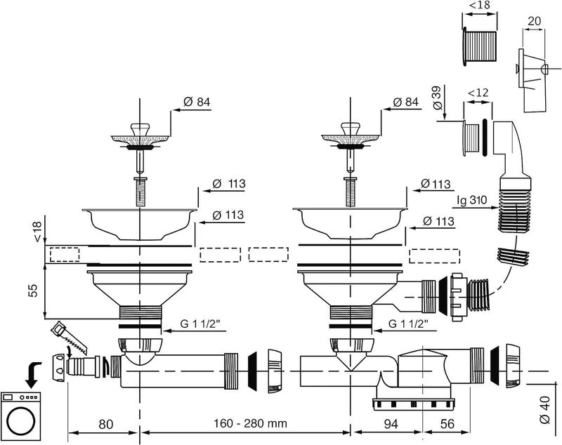 Wirquin Espace 30718722 Ablaufgarnitur für Spüle, D90, 2 Abläufe