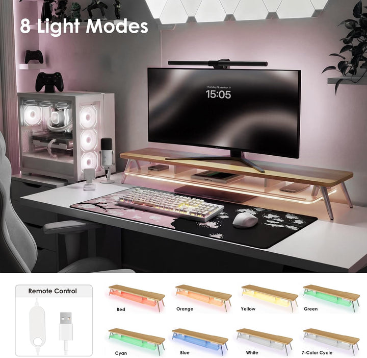 Fenge Monitorständer,108cm, LED-Beleuchtung für Laptop PC TV, Dunkle Eiche | Schaltbare Farben, 2 Ge