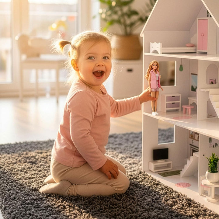 Barbie Puppenhaus Holz gross 118 cm – Kinderplay 3-stöckiges Puppenhaus für Kinder mit Möbeln, LED L