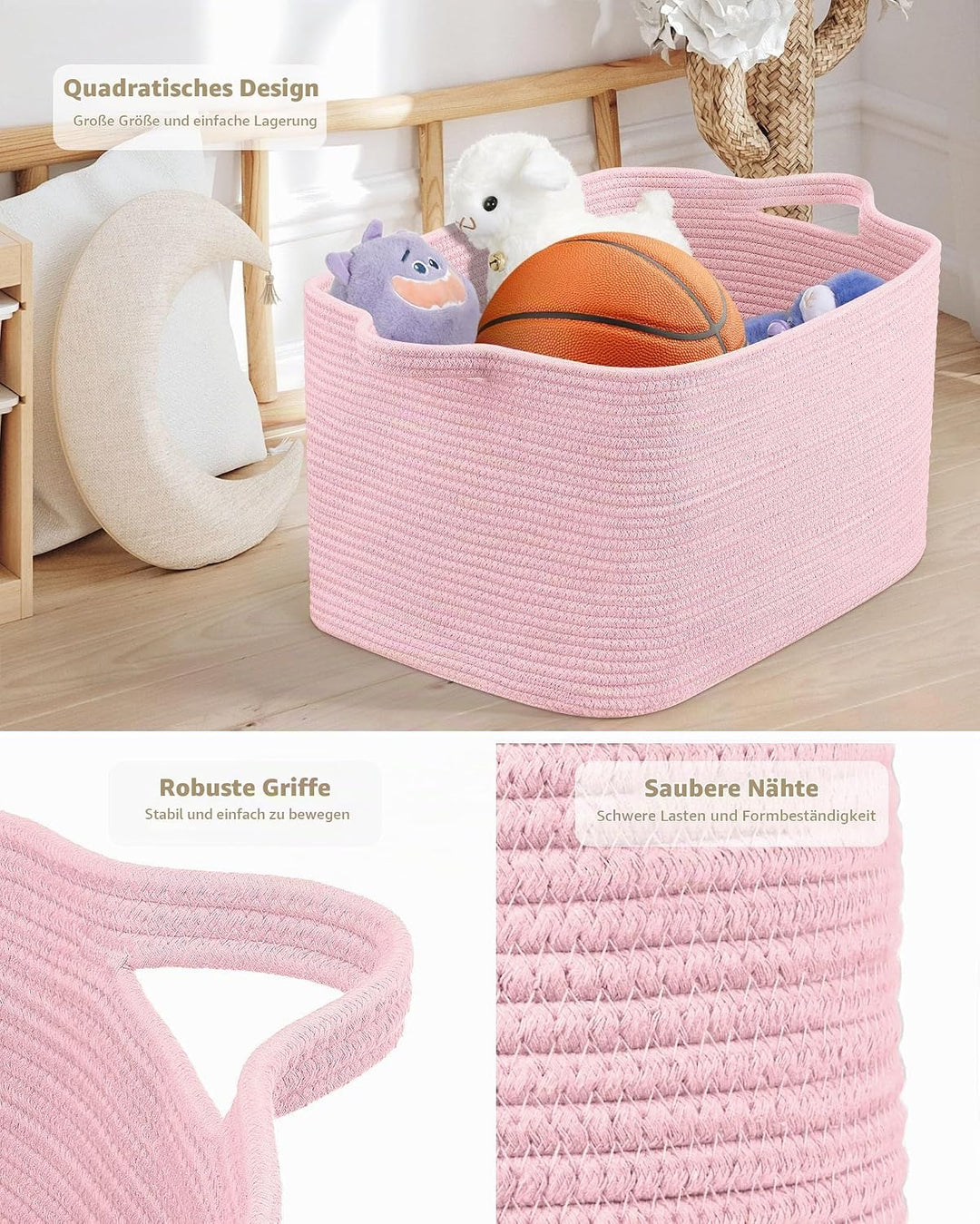 JOJOSEE Faltbarer Wäschekorb 63L Grosse Aufbewahrungskorb Hellrosa | Geflochten Laundry Baskets mit