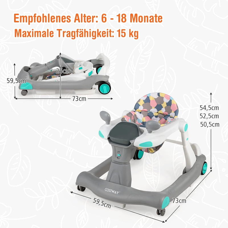 COSTWAY 2-in-1 Lauflernhilfe klappbar, Baby Walker höhenverstellbar, Gehfrei mit Musik & Licht, Lauf