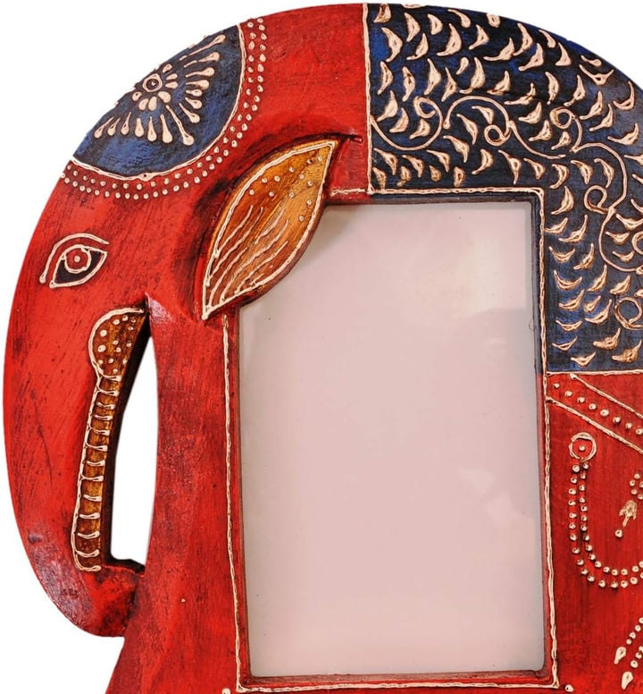 Purpledip Wooden Photoframe: Handpainted Elephant Shape Picture Frame (11365)