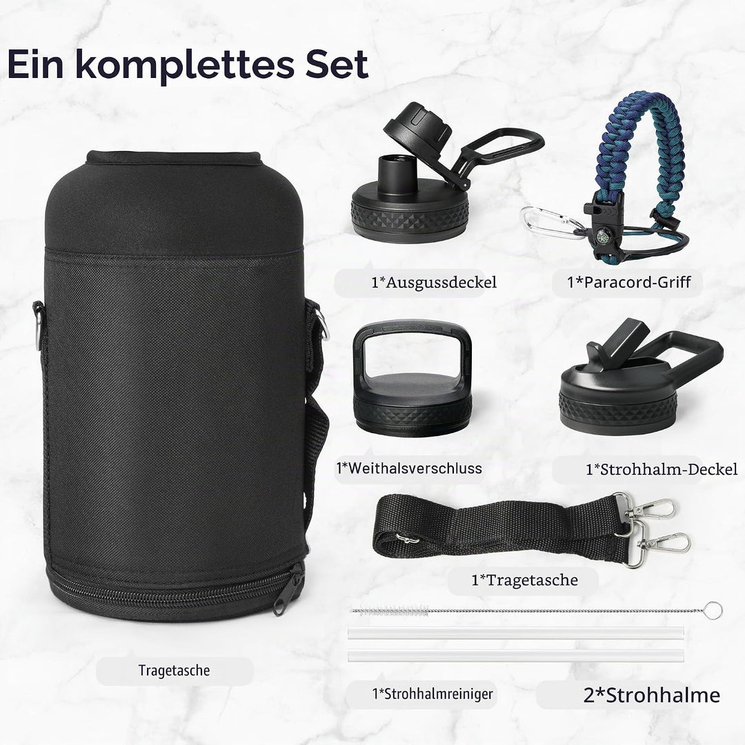 Trebo Isolierte Wasserflasche, 1,8 l, Metall-Vakuum-Wasserkrug mit Griff und 3 Deckeln, auslaufsiche