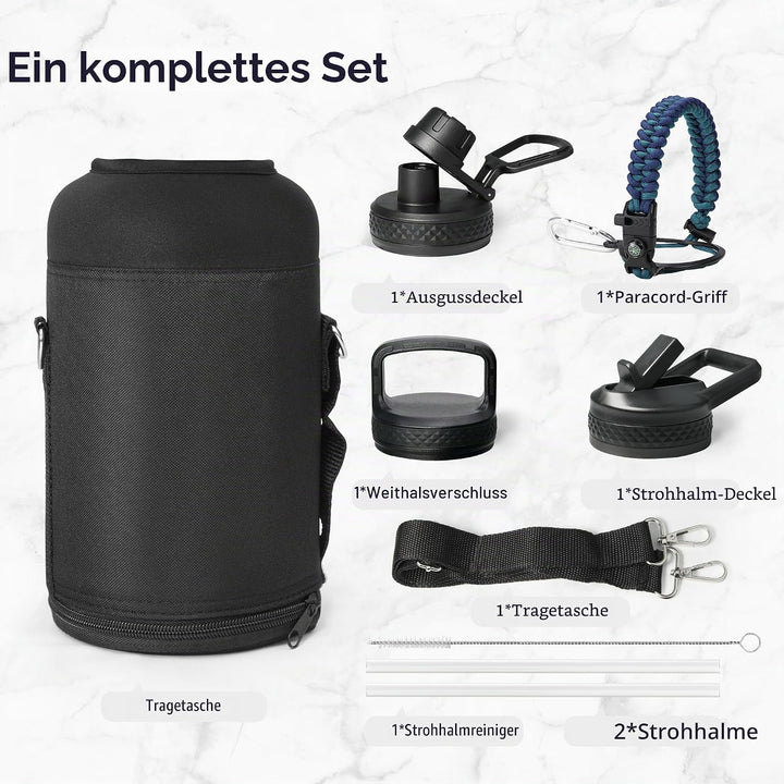 Trebo Isolierte Wasserflasche, 1,8 l, Metall-Vakuum-Wasserkrug mit Griff und 3 Deckeln, auslaufsiche