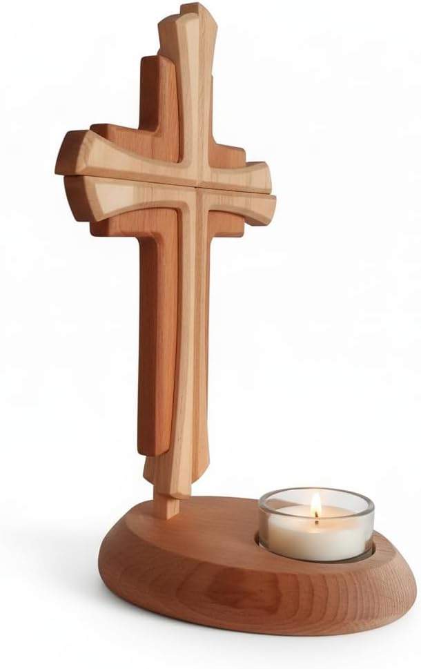 Kaltner Präsente Geschenkidee - Echtes Holz Buche Kreuz Kruzifix mit Teelicht 25 cm modern