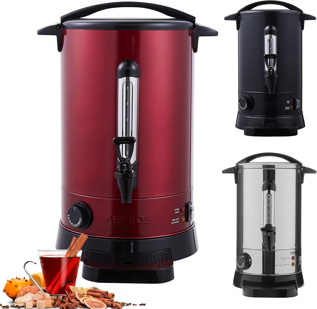 Arebos Glühweinkocher 950 W | Heissgetränkespender | 8,8 L | mit Auffangschale, Auslasshahn, Thermos