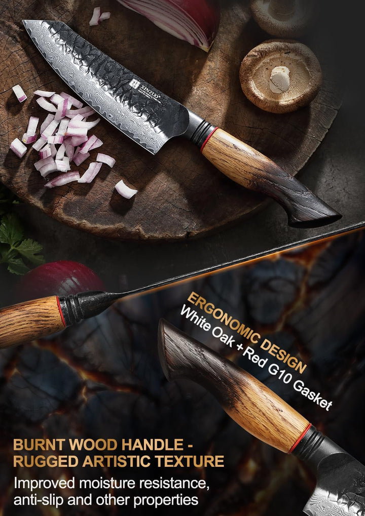 XINZUO 14,5cm Santokumesser Damaststahl 10Cr15CoMoV Stahlkern -Profi Chefmesser Damaszener Stahl Küc