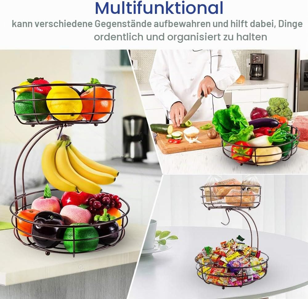 2-stöckiger Obstkorb mit Bananenhalter, Obstschale, Gemüsekorb, aus Metall, stehende tägliche Küchen