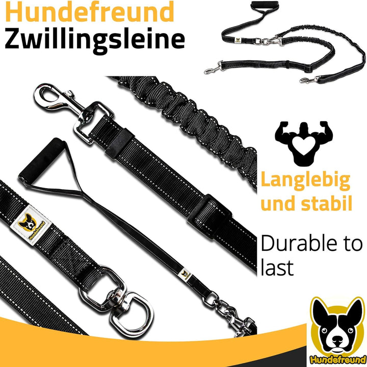 Zwillingsleine - Hundeleine für 2 grosse Hunde ab 20 kg - Doppelleine dehnbar reflektierend 150 bis