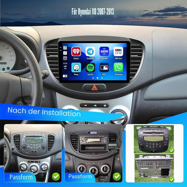 Hikity 4+128G Android 15 Autoradio für Hyundai I10 2007-2013, 9" Bildschirmradio mit Wireless CarPla