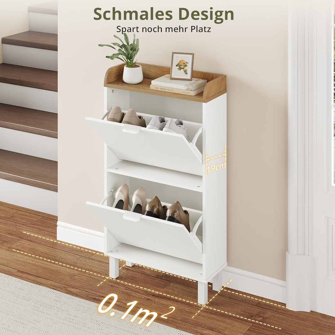 LUE BONA Schuhschrank schmal, Schuhschrank mit 2 Flip-Klappen, Schuhkipper mit Holzfüssen, Schuhrega