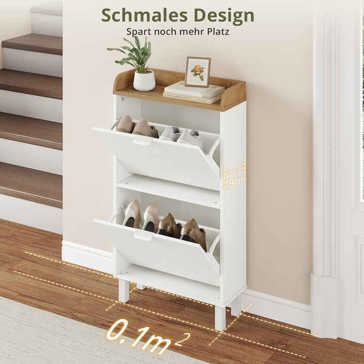 LUE BONA Schuhschrank schmal, Schuhschrank mit 2 Flip-Klappen, Schuhkipper mit Holzfüssen, Schuhrega