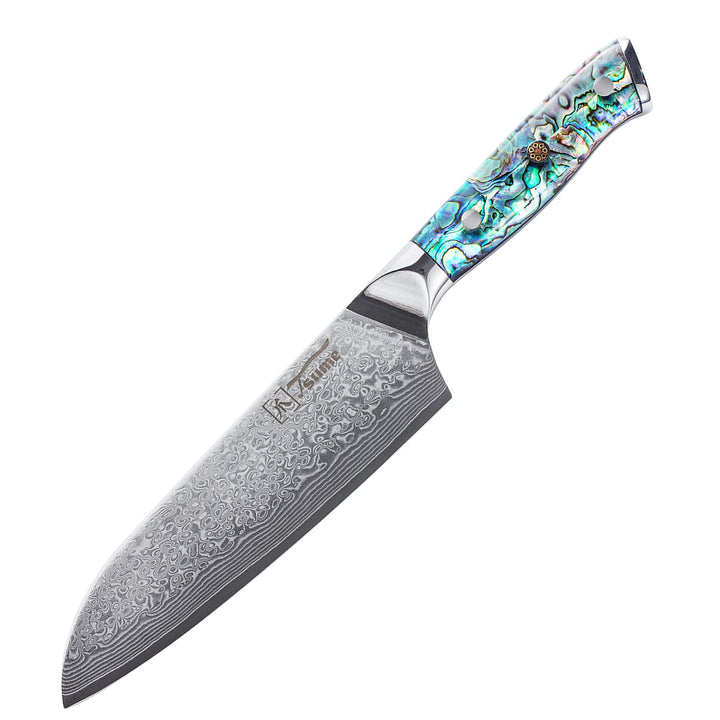 Tsume Santoku Messer Abalone, Klingenlänge 19cm, Echtes Damast Küchenmesser mit Perlmuttplatten, 67