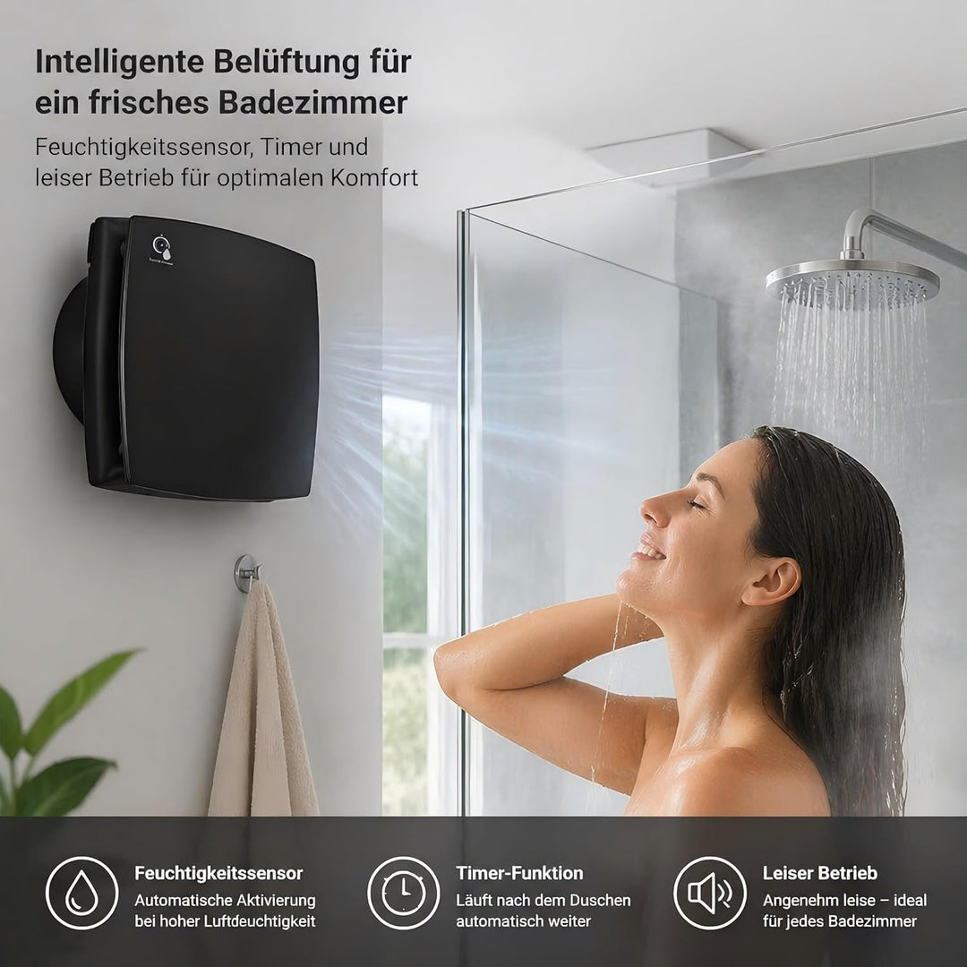 Hose Vary Schwarz Badlüfter 100mm, Leise Abluftventilator 12W 120m³/h Fensterventilator Abluft mit R