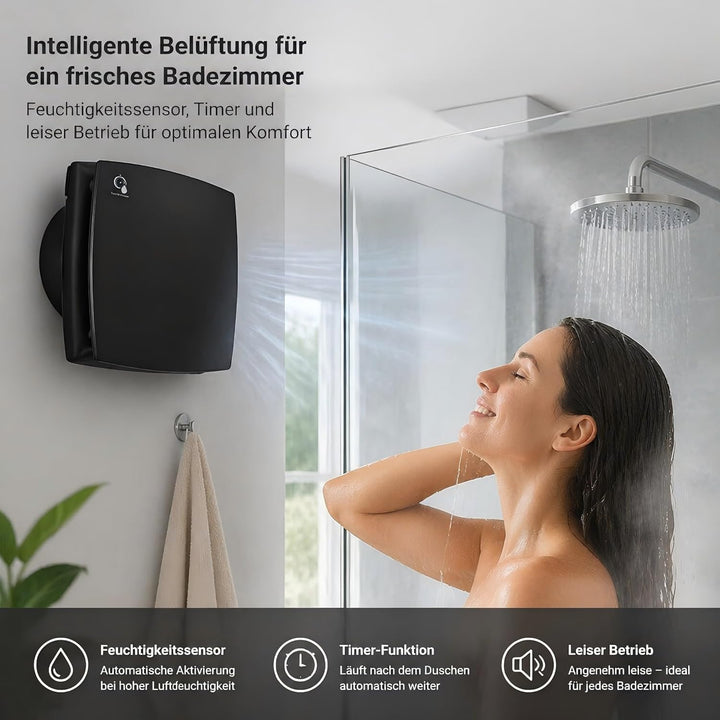Hose Vary Schwarz Badlüfter 100mm, Leise Abluftventilator 12W 120m³/h Fensterventilator Abluft mit R