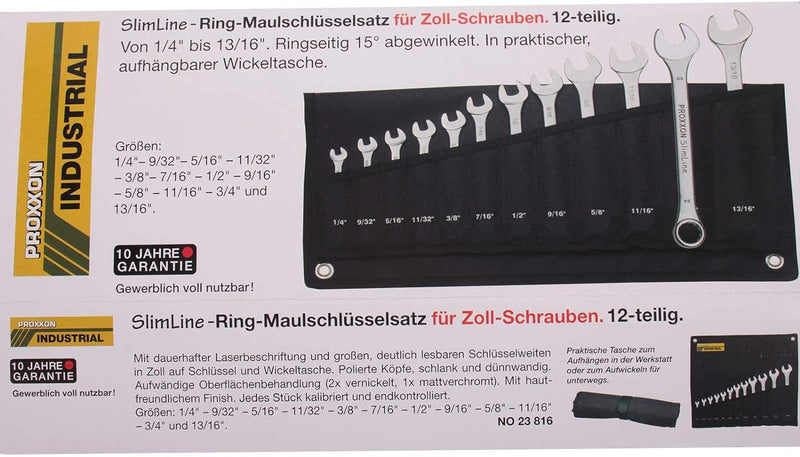 PROXXON 23816 Satz ZOLL Ring-Maulschlüssel 1/4" - 13/16" 12teilig SlimLine Industrial