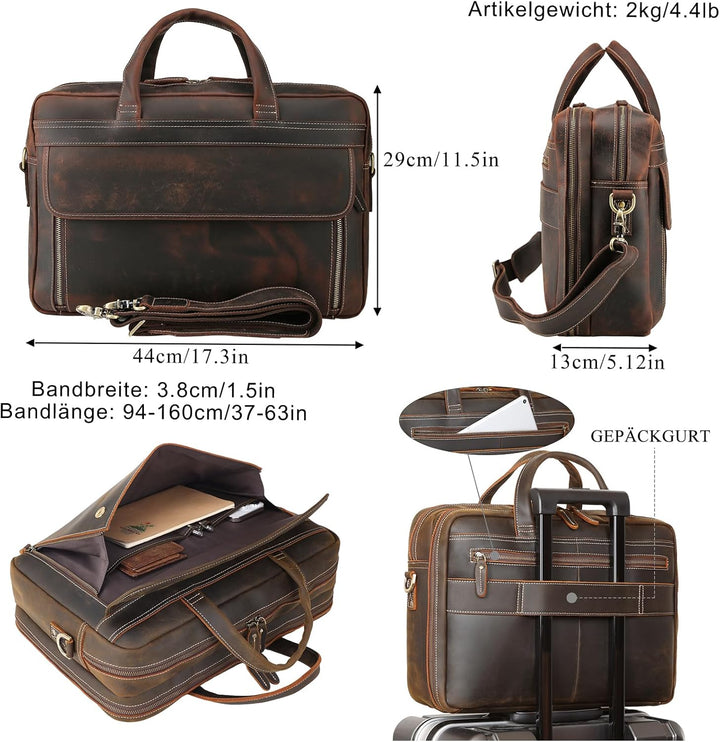 TIDING Laptoptasche 17,3 zoll Leder Aktentasche Herren Vintage Businesstasche Grosse Umhängetasche f