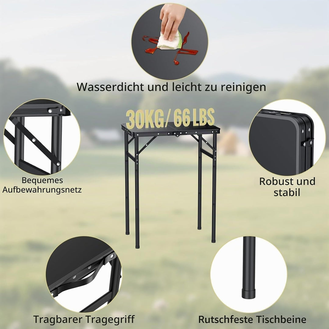 Anbte Campingtisch Klappbar 60x40cm Aluminium Rahmen mit 3 Höhen Verstellbar 27.3/51/74.7cm mit Aufb