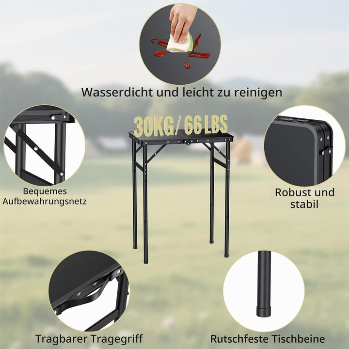 Anbte Campingtisch Klappbar 60x40cm Aluminium Rahmen mit 3 Höhen Verstellbar 27.3/51/74.7cm mit Aufb