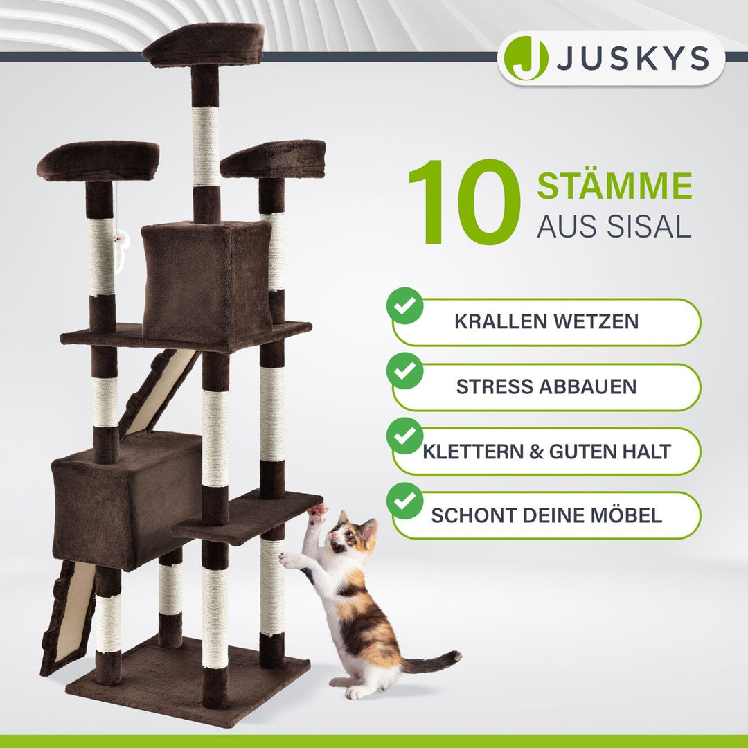 Juskys XXL Kratzbaum Amy braun — Katzenbaum mit Höhlen, Liegeflächen, Leitern & Sisal-Stämmen — Stab