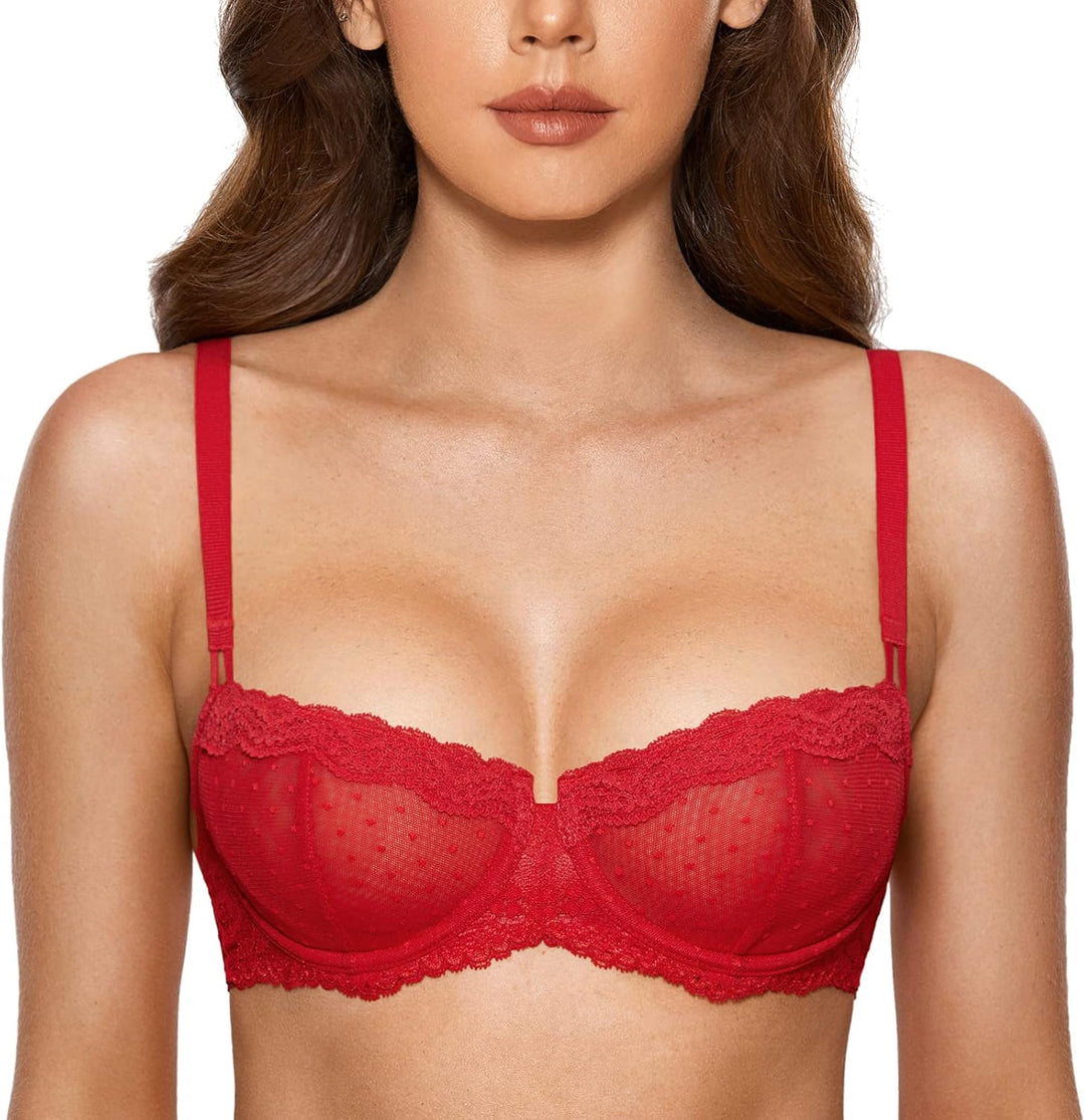 DOBREVA Damen mit Bügel Push Up Balconnet BH ohne Einlagen und Spitze Durchsichtig 70B Lippenstift R