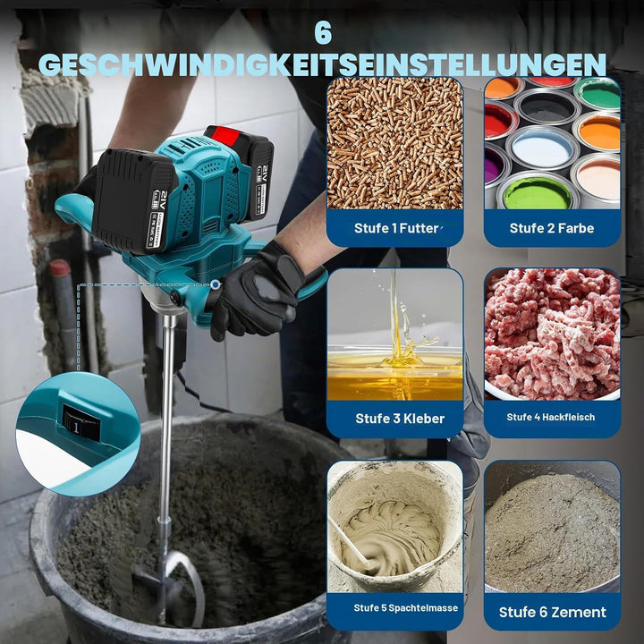Akku-Farbmörtelrührer mit 2 Batterie, Farb-Mörtelrührer, 1200W Rührwerk, 6 Gang-Getriebe Zementmisch