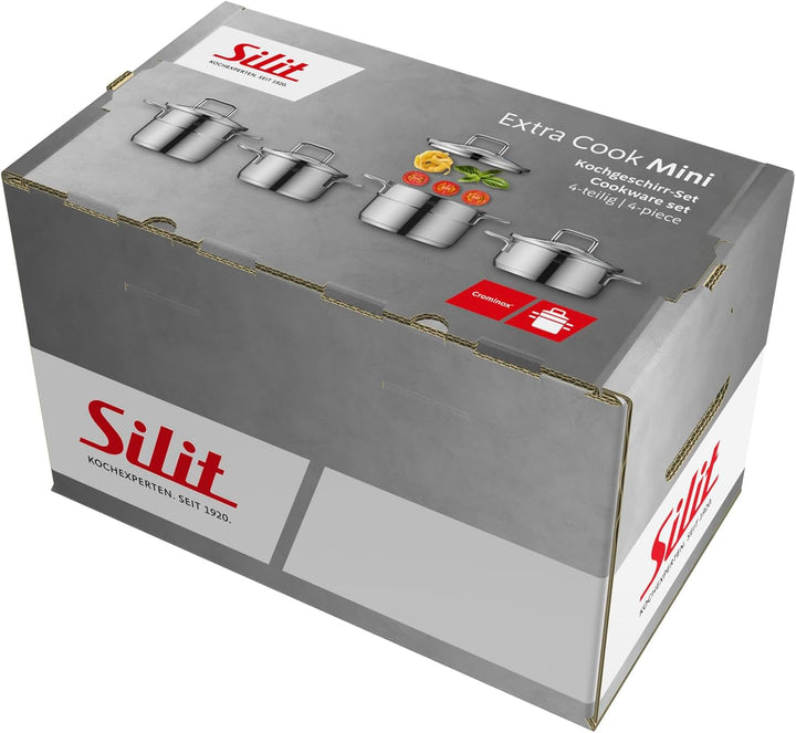 Silit Extra Cook Kochgeschirr-Set 4-teilig, Kochtöpfe 12/14 cm mit Glasdeckel, Innenskalierung, brei