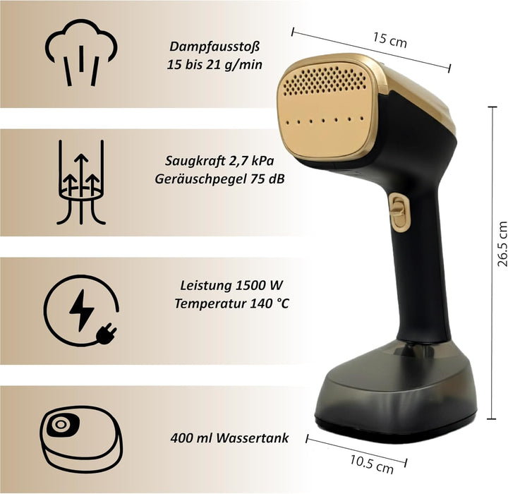 FAUG Dampfbügler 1500W. 50% mehr Effizienz dank neuer Saugfunktion. Dampfausstoss von 15 bis 21 g/mi