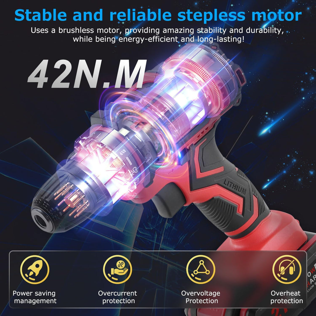 VANBAR Akkuschrauber, Drehmoment auf 25+3 Stufen Bohrmaschine Schrauber Set, 21V, 45Nm max, Schlagbo