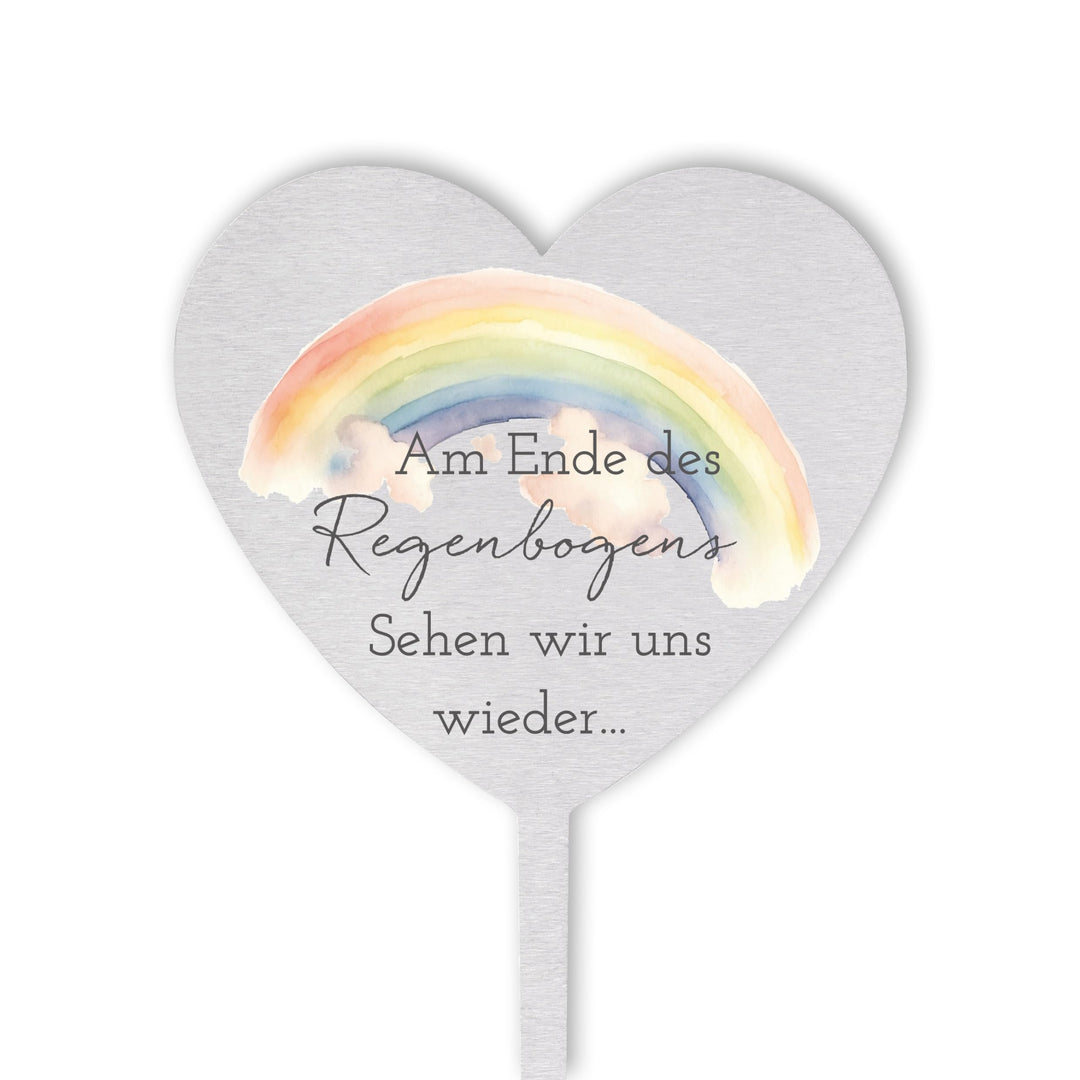 Dolorino Grabstecker Edelstahl Herz mit Spruch | Am Ende des Regenbogens sehen wir Uns Wieder | Grab