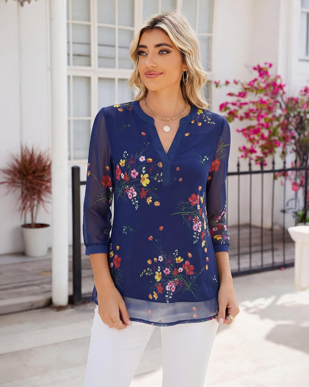 Damen 3/4 Ärmel Oberteil Henley V-Ausschnitt Hemden doppellagig Mesh Bluse Tuniken, XXL Blau Blumen