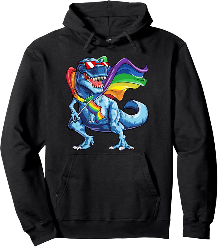 Dinosaur Gay Pride LGBT Rainbow Flag T rex Sunglasses LGBTQ Pullover Hoodie