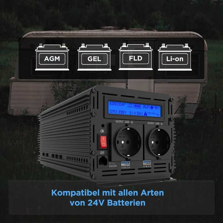 EDECOA Wechselrichter 2000w Spannungswandler 24v 230v Wechselrichter modifizierte Sinus 24v 220v LCD