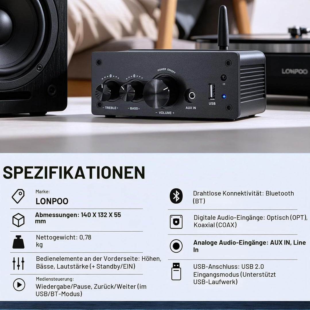 LONPOO Mini Bluetooth Hifi-Verstärker 200W mit Fernbedienung, Optical, COAX, USB, AUX-Eingang, 2 Kan