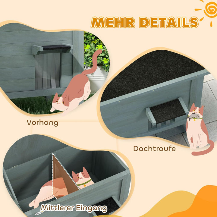 PawHut Katzenhaus aus Holz Winterfest wasserdicht Katzenhütte mit Asphaltdach Boden Füsse Katzenhöhl