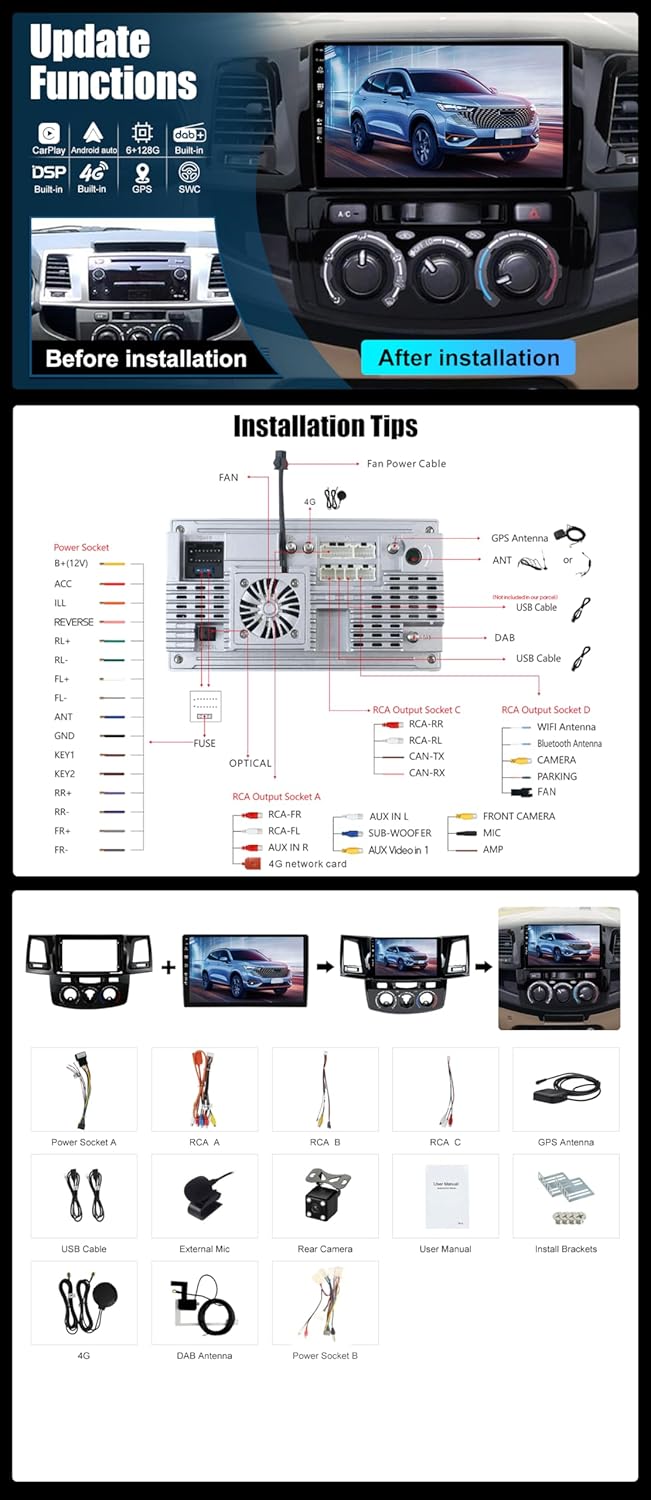 9 Zoll Android 14 Autoradio mit Navi Für Toyota Fortuner Hilux 2005-2007 | Octa Core | 6GB 128GB | E
